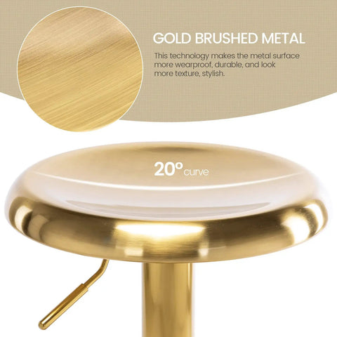 Adjustable Swivel Bar Stools Set Of 2 Round Gold Brushed Metal Airlift Stools with concave seat and gold finish
