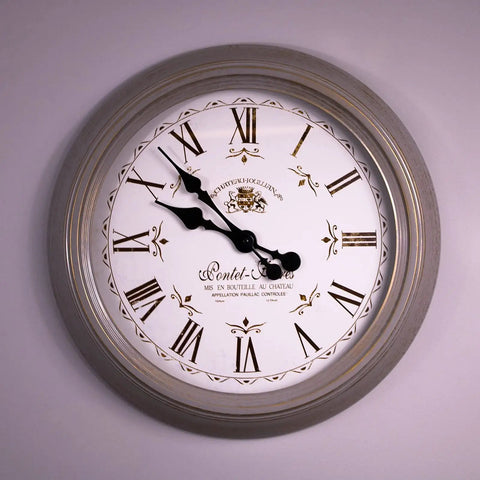 Silver round wall clock displaying DIY Clock Repair Kit With Four High Torque Long Shaft Movements, Five Pairs Of Hands.