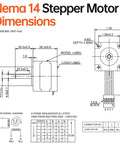 Technical diagram of NEMA 14 Stepper Motor dimensions and wiring for 3D printers, showing 29mm body, model label, and connector details.