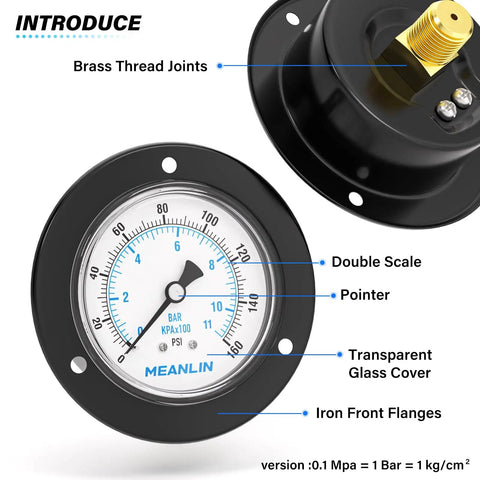 Beefy 0 to 160 PSI Dry Pressure Gauge With Front Flange Panel Mount One Quarter NPT Two and a Half Inch Dial Iron Case Brass Joints