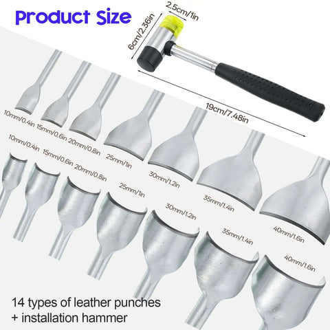 14 Size Leather Corner Punch Set With Half Round And Quarter Round Punches, Rubber Hammer, Arc Shaped Leather Edge Cutter, 10 to 40 mm sizes