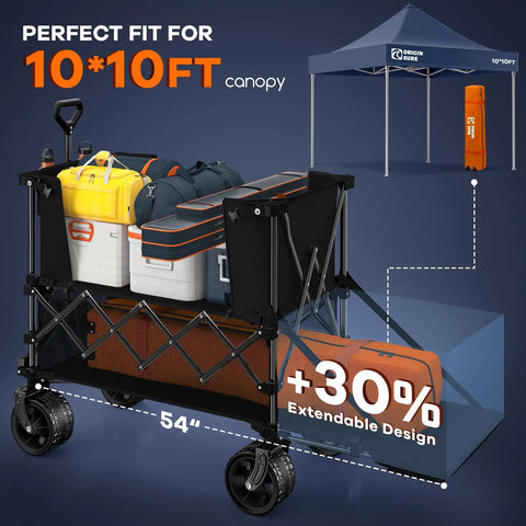 Double Deck Folding Wagon With 54 Inch Tailgate And 560 Lb Capacity loaded with bags, black, extendable design for camping and sports