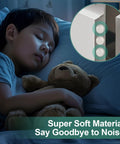 Sleeping child with teddy bear and inset image of 100 Pieces Clear Self Adhesive Cabinet Door Bumpers 0.4 Inch Diameter Rubber Dots