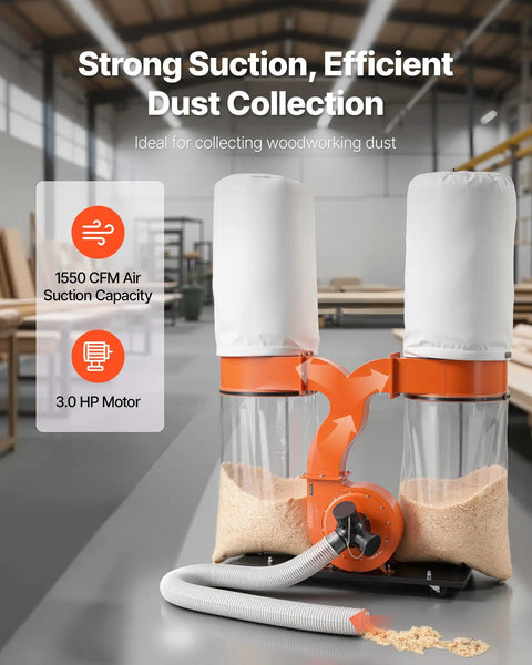 High Power Dust Collector With 1550 CFM Vortex Cone For Fast Wood Dust Pickup, 2.5 Micron Filtration, 3.0 HP Sawdust System in workshop