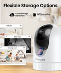 2K Indoor Security Camera With 360 Degree Pan Tilt, 2.4Ghz WiFi, showing flexible storage options and baby monitor view