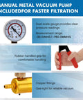 Buchner Funnel Filtration Kit With Handheld Vacuum Pump And 500mL Lab Vacuum Flask Includes 100 Pcs Filter Paper And Rubber Stoppers Set features metal vacuum pump with dual-scale gauge and copper fittings.