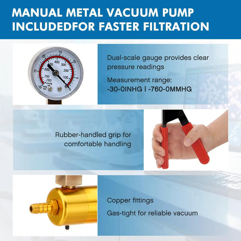 Buchner Funnel Filtration Kit With Handheld Vacuum Pump And 500mL Lab Vacuum Flask Includes 100 Pcs Filter Paper And Rubber Stoppers Set features metal vacuum pump with dual-scale gauge and copper fittings.