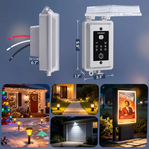 Smart Heavy Duty Hardwired Dusk To Dawn Photocell Switch With Hella Robust 20 Amp Rating for outdoor floodlight control, dimensions shown.
