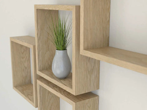 Wall-mounted shelves made from Red Oak Wood Veneer Sheet Flat Cut 24 By 96 Inches Paper Backed 10 Mil A Grade Veneer Face