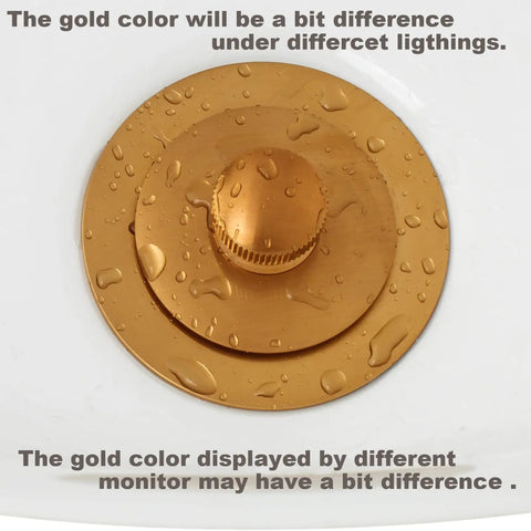 Push And Lock Bathtub Drain Stopper Kit With Trim Set And Single Hole Overflow Faceplate in brushed gold finish, top view