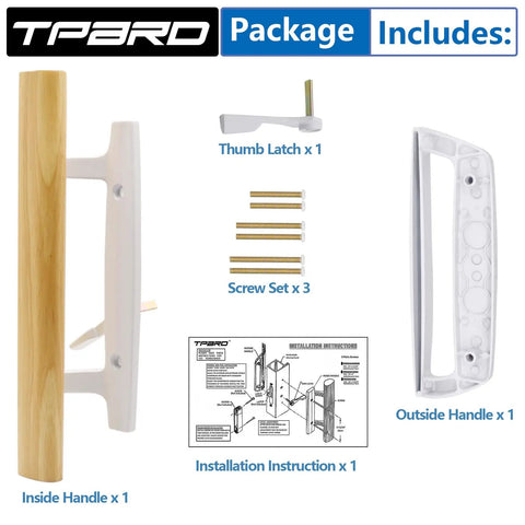 Sliding Glass Patio Door Handle Replacement Set with Oak Wood Inside Handles and Zinc Diecast Outside Pull, package contents.