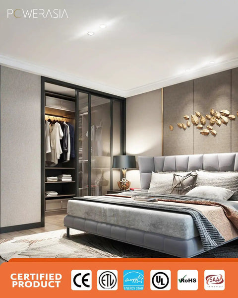 Modern bedroom with 12 Pack 4 Inch Black LED Recessed Lights Kit With Junction Box Dimmable 5CCT From 2700K To 6000K