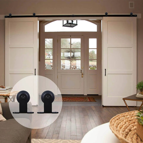 Six Foot Sliding Barn Door Hardware Kit With Double Track in black finish installed in living room