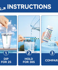 Hard Water Test Kit With Five Test Pads And One Hundred Fifty Strips Delivers Dead Simple 30 Second Readouts From Very Soft To Very Hard Water 0 To 425 PPM So You Get Real No Guesswork Results At Home. instructions card showing dip, hold, and compare test strips