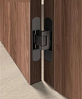 Invisible Hidden Hydraulic Door Closer With Quiet Soft Close Action Built Tough automatic self-closing hinge mounted in wood cabinet.
