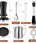 Badass Six Piece Espresso Tamper Kit With Adjustable Calibrated Head Precision Distributor And Wdt Tool Straight Fire Barista Essentials For Pulling Clean Daily Coffee Shots including tamper, milk pitcher, and tools.
