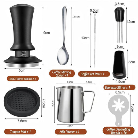 Badass Six Piece Espresso Tamper Kit With Adjustable Calibrated Head Precision Distributor And Wdt Tool Straight Fire Barista Essentials For Pulling Clean Daily Coffee Shots including tamper, milk pitcher, and tools.