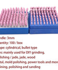Top Shelf 100 Pack Tough As Nails Abrasive Cone Grinding Stone Points For Electric Rotary Drill Bits, pink cylindrical tips in a box.
