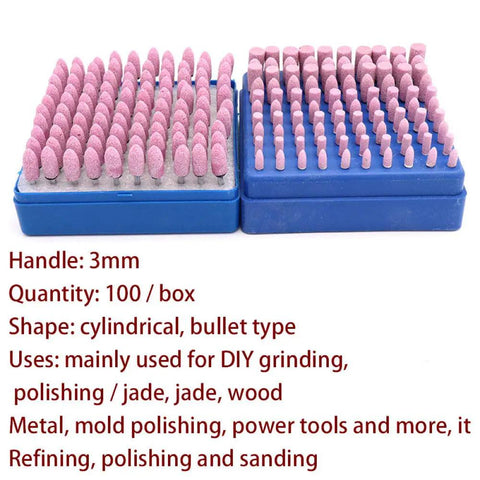 Top Shelf 100 Pack Tough As Nails Abrasive Cone Grinding Stone Points For Electric Rotary Drill Bits, pink cylindrical tips in a box.