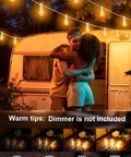 Couple embracing under Outdoor String Lights With Remote For Patio And Backyard 30 Feet Waterproof Connectable LED Globe Bulbs 28 G40