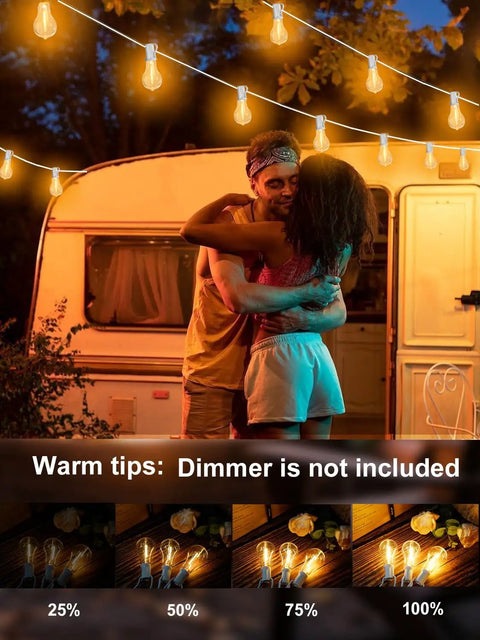 Couple embracing under Outdoor String Lights With Remote For Patio And Backyard 30 Feet Waterproof Connectable LED Globe Bulbs 28 G40