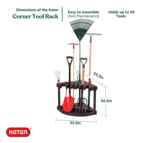 Compact Corner Tool Rack For Maximum Garden Tool Storage And Organization Holds Up To 25 Long Handled Tools Like Rakes Shovels Brooms And Accessories Easy Assembly In Under 5 Minutes All Weather Durable Zero Maintenance shown with tools