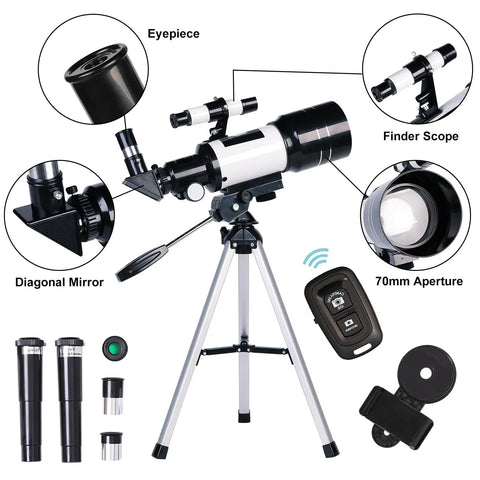 Portable 70mm Refractor Telescope For Beginners With 15x-150x Magnification, Includes 3x Barlow, 20mm And 6mm Eyepieces components view