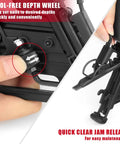 Close-up of Pro Grade 15 Gauge Angled Finish Nailer with Tool Free Depth Adjustment and Quick Clear Jam Release