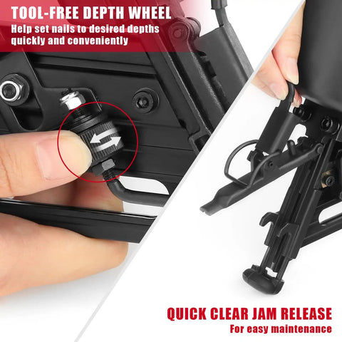 Close-up of Pro Grade 15 Gauge Angled Finish Nailer with Tool Free Depth Adjustment and Quick Clear Jam Release