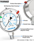 Stainless Steel Liquid Filled Pressure Gauge With 2.5 Inch Dial 0 To 200 PSI One Quarter Inch NPT Lower Mount Heavy Duty