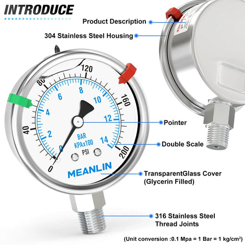 Stainless Steel Liquid Filled Pressure Gauge With 2.5 Inch Dial 0 To 200 PSI One Quarter Inch NPT Lower Mount Heavy Duty