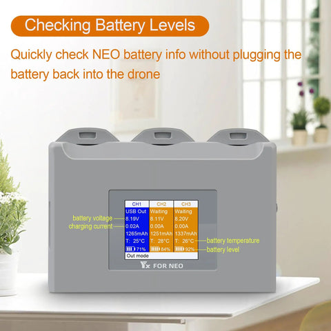 Three Channel Battery Charging Hub For Neo Drone Batteries With LCD Display showing battery status and voltage levels.