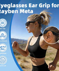 Woman running outdoors wearing 2 Pairs Eyeglass Ear Grips For Meta Smart Glasses Wayfarer Skyler Headliner Gen 2 anti-slip silicone retainers