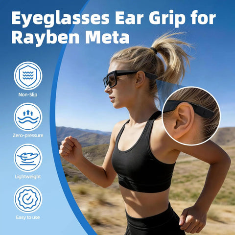 Woman running outdoors wearing 2 Pairs Eyeglass Ear Grips For Meta Smart Glasses Wayfarer Skyler Headliner Gen 2 anti-slip silicone retainers