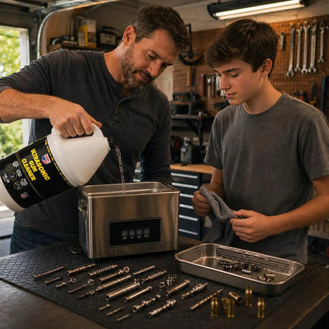 Father and son pour Ultrasonic Gun Cleaner Concentrate 128 Oz Makes Up To 200 Gallons No Nonsense Deep Clean For Pistols Rifles Brass And All Firearm Components With Easy Mixing And Boss Level Ultrasonic Action into a metal ultrasonic cleaner