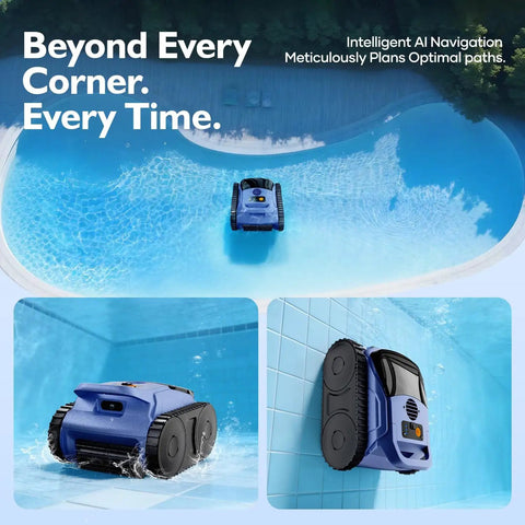 Image showing Automatic Robotic Pool Cleaner for inground and above ground pools, wall climbing design, cleaning a pool.