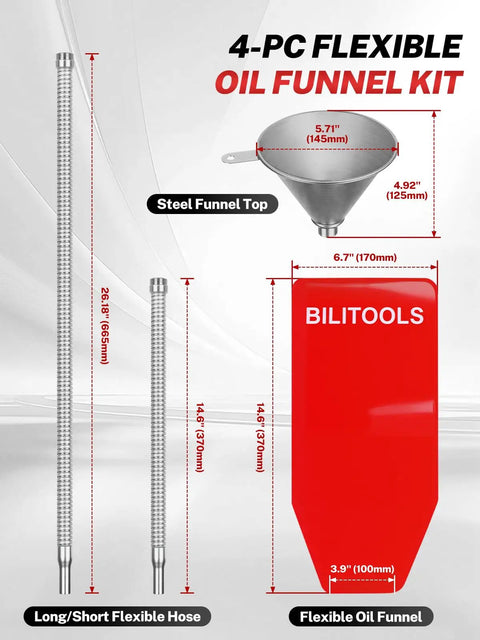 Spill Free Oil Change Kit With Steel Funnel, 14.6 Inch And 26.2 Inch Hoses, Reusable Flexible Funnel, Filter Included diagram