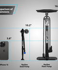 Size comparison of Hycline shock pump, floor pump, and iPhone 15, showing dimensions for High Pressure Shock Pump Up To 400 PSI For Mountain Bikes.