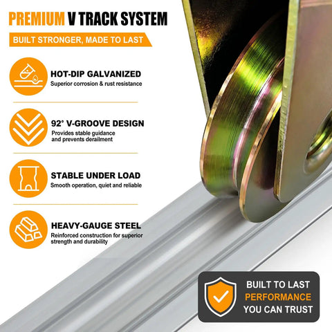 Precision V Groove wheel on Built Tough 24 Foot Sliding Gate V Track Kit, showcasing galvanized steel and design features.