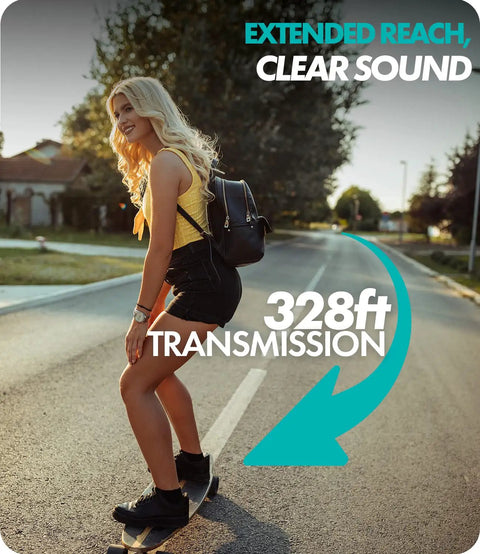 Person skateboarding with highlighted 328ft transmission, showcasing WMX-2 Wireless Camera Microphone With Charging Case for DSLR.
