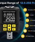 Half Inch Drive Digital Torque Adapter With Color Display And Alerts 1 Percent Accuracy 12.5 To 250 FtLb Range Peak And Track Modes