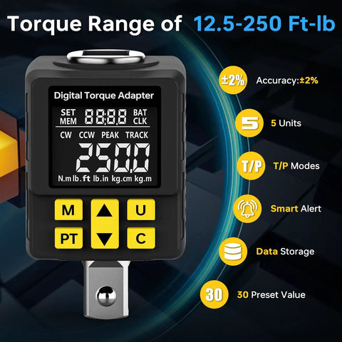 Half Inch Drive Digital Torque Adapter With Color Display And Alerts 1 Percent Accuracy 12.5 To 250 FtLb Range Peak And Track Modes