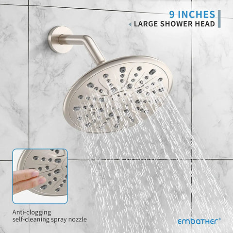 9-Inch Rain Shower Head from 4-Way Tub and Shower Faucet Set With Rough-In Valve Included, Brushed Nickel finish