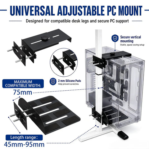 Universal Adjustable PC Mount for under desk setup, featuring black steel design, maximum width 75mm, fits various CPU sizes.