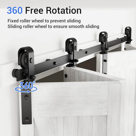 10Ft Bi Folding Sliding Barn Door Hardware Kit For Four Doors Black Track With J Shape Rollers Ultra Quiet Nylon Wheels