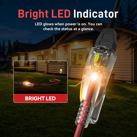 Dang Tough 25 Foot Extension Cord With Secure Locking Plug And Bright Led Light showing bright LED indicator for power status.