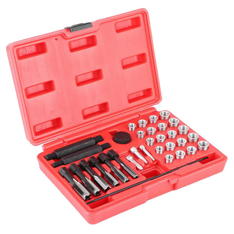 Pro Grade Glow Plug Thread Repair Kit 33 Piece Steel Set with M8x1 M10x1 M10x1.25 M12x1 M12x1.25 M14x1 in red case