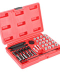 Top Notch Glow Plug Thread Repair Kit With 33 Pieces Of Heavy Duty Tools For Diesel Engines Designed To Fix Damaged Spark Plug Holes Perfectly And Save You From Expensive Engine Overhaul Bills Quick Install Made Simple open case with taps, inserts, and drivers