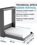 Top Shelf Queen Size Vertical Murphy Bed Kit showcasing gritty American made steel build dimensions 87-1/8 x 87 x 15-7/8 inches.
