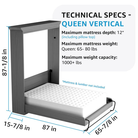 Top Shelf Queen Size Vertical Murphy Bed Kit showcasing gritty American made steel build dimensions 87-1/8 x 87 x 15-7/8 inches.